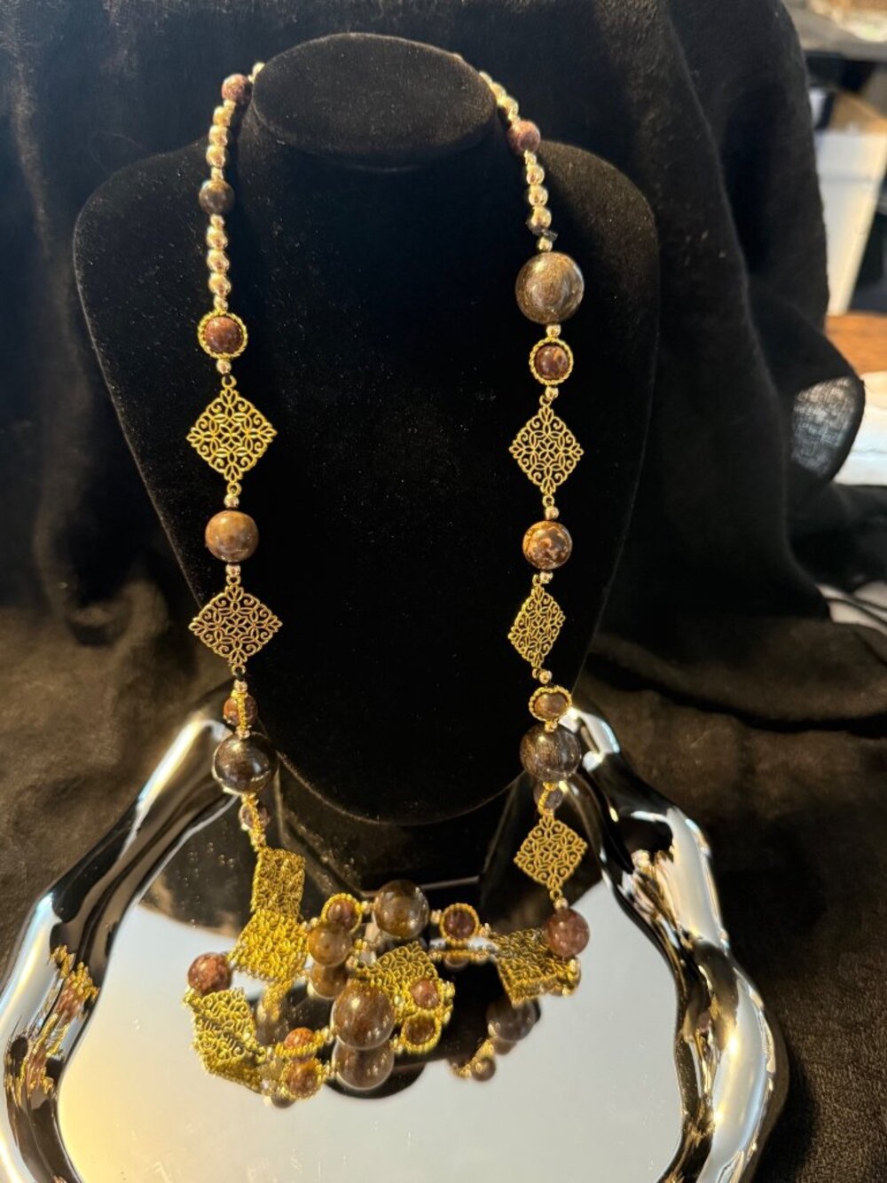 New Long Handmade Statement Necklace With Gold Filigree Accents & Earthy Brown B
